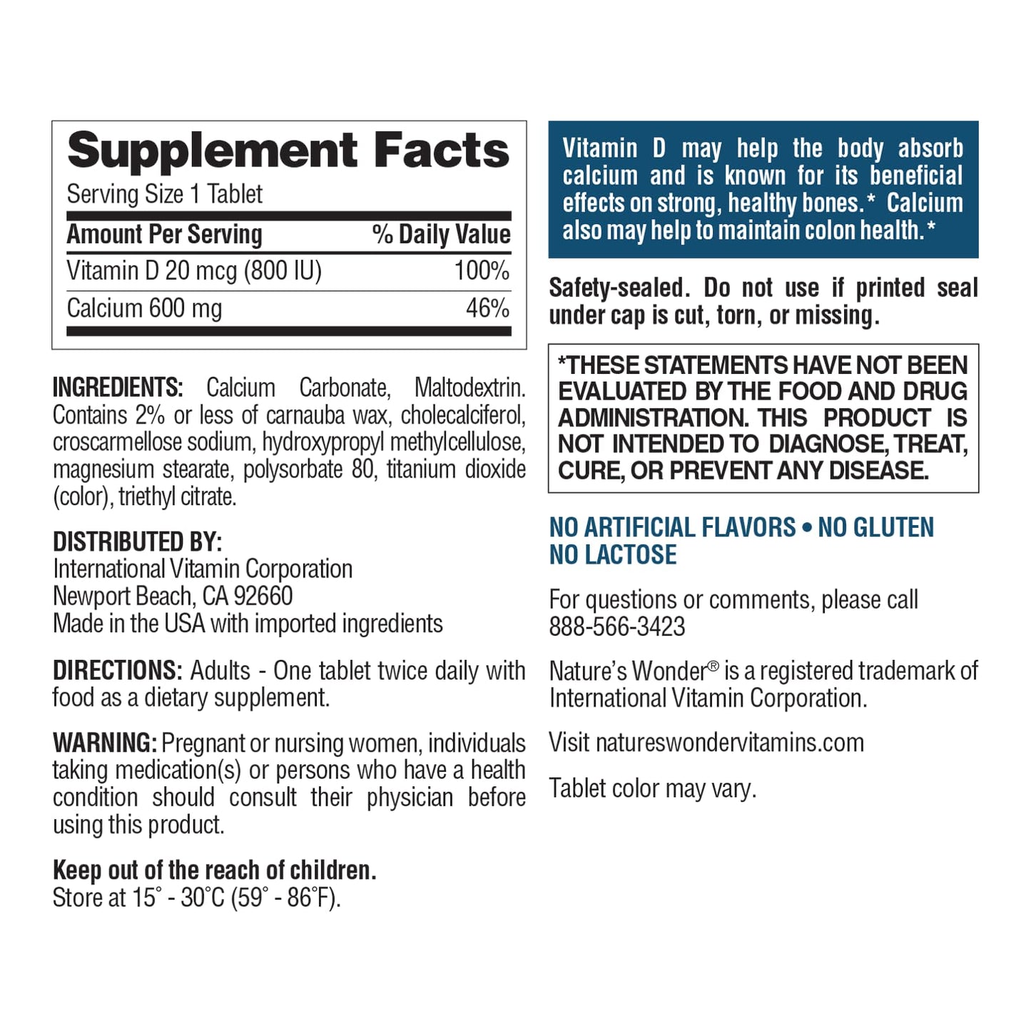 Nature's Wonder Calcium 600 mg + Vitamin D3 20 mcg | 220 Tablets (Pack of 2)
