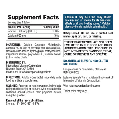 Nature's Wonder Calcium 600 mg + Vitamin D3 20 mcg | 220 Tablets (Pack of 2)