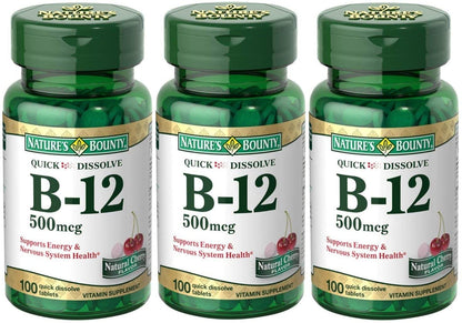 Nature's Bounty B-12 Quick Dissolve Tablets 500 mcg - 3 x 100 Count Bottles | Vitamin B-12 Supplement
