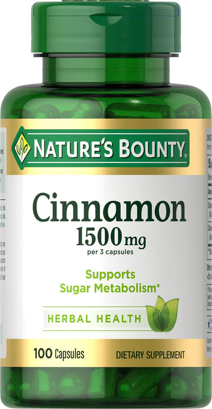 Nature's Bounty Cinnamon Capsules 1500 mg | Supports Sugar Metabolism & Heart Health | 100 Capsules