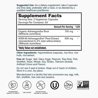 Nature's Lab Extra Strength Ashwagandha KSM66 - 5% Withanolides, Organic Root Powder, 120 Ct