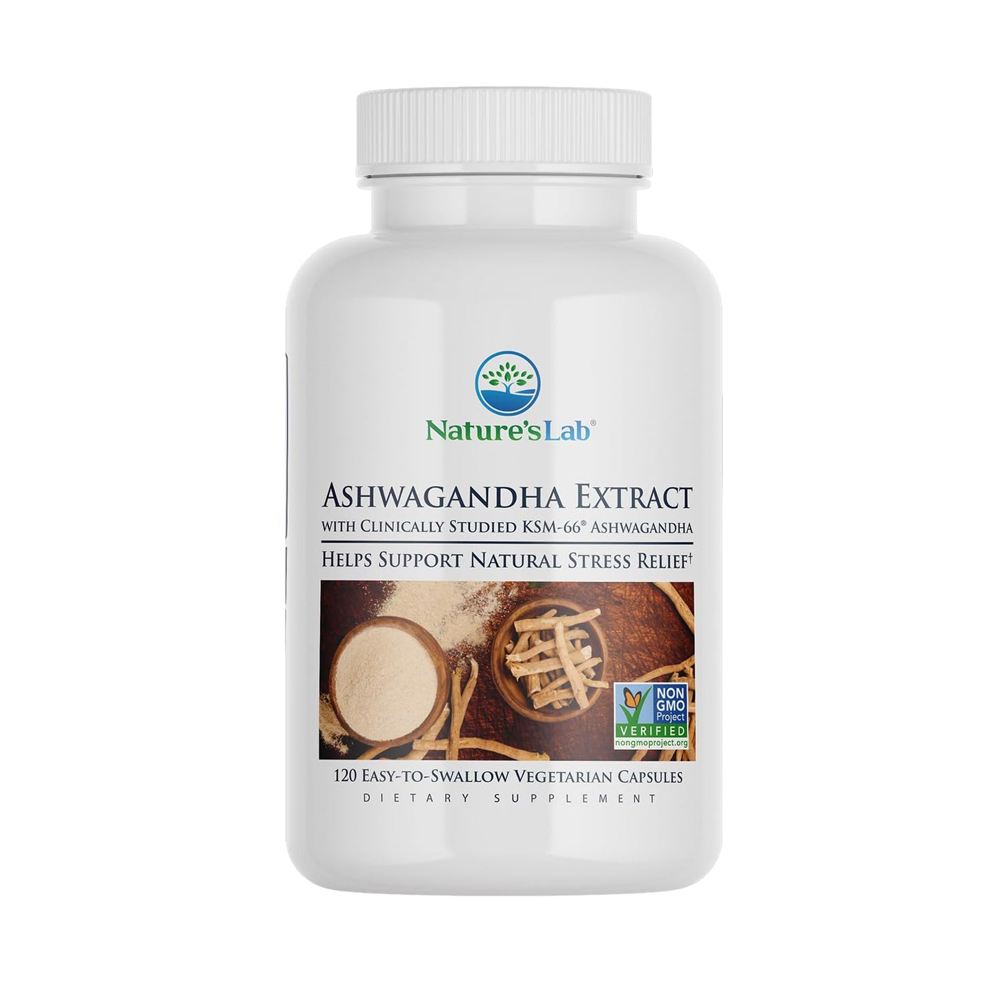 Nature's Lab Extra Strength Ashwagandha KSM66 - 5% Withanolides, Organic Root Powder, 120 Ct