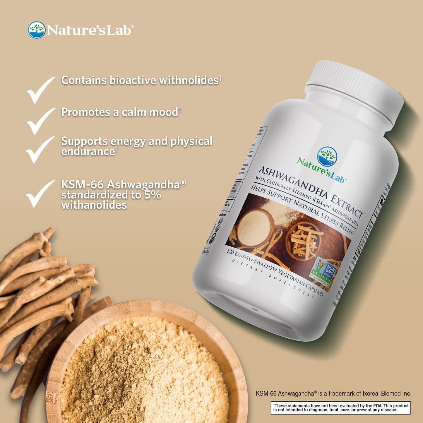Nature's Lab Extra Strength Ashwagandha KSM66 - 5% Withanolides, Organic Root Powder, 120 Ct