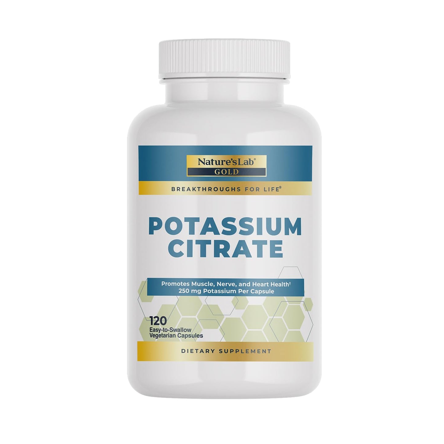 Nature's Lab Gold Potassium Citrate - Nerve, Muscle & Heart Health Support | 250mg Potassium Citrate, 120 Capsules (120 Day Supply)