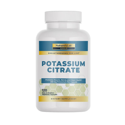 Nature's Lab Gold Potassium Citrate - Nerve, Muscle & Heart Health Support | 250mg Potassium Citrate, 120 Capsules (120 Day Supply)