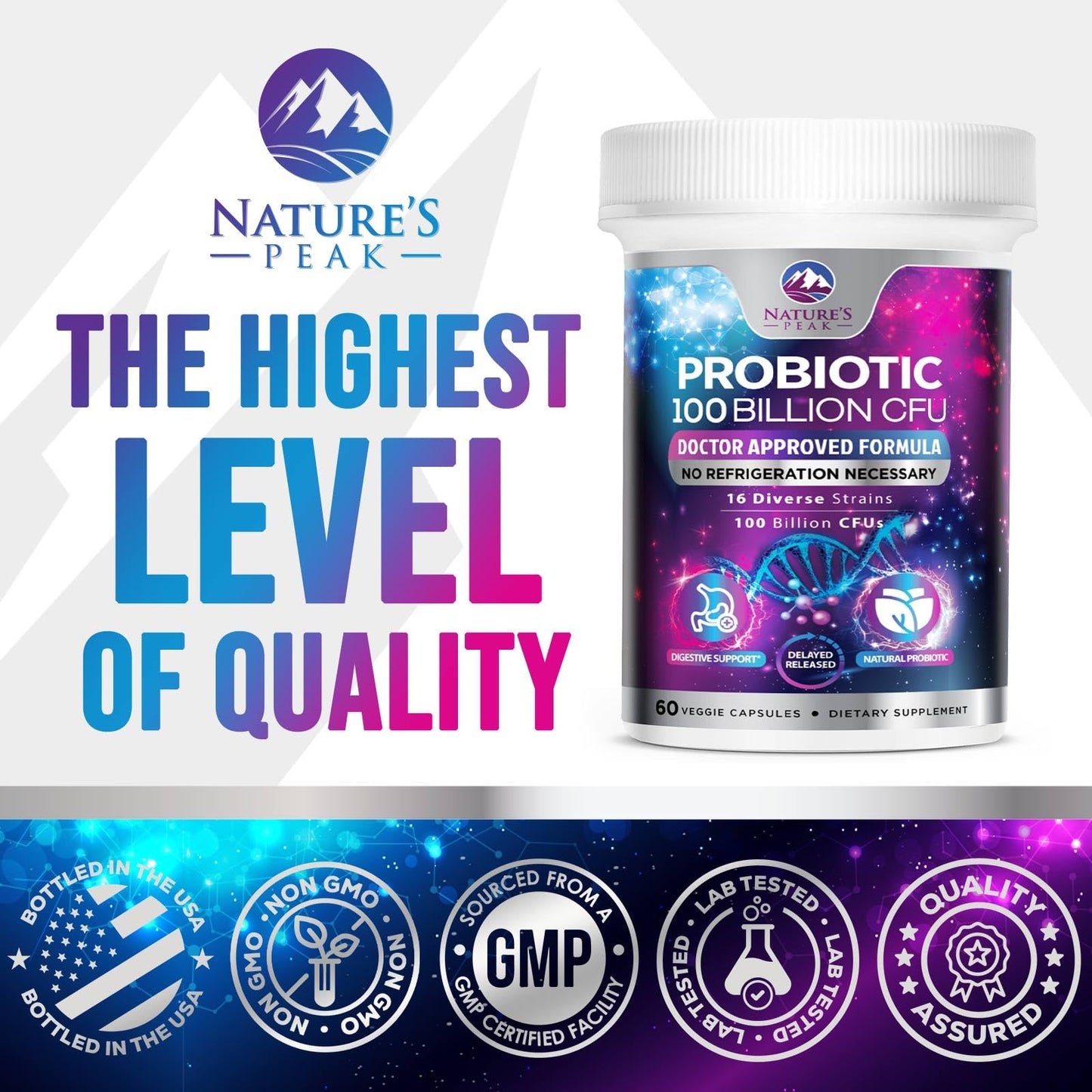 Nature's Peak Probiotics - 100 Billion CFU - 16 Strains + Prebiotics - Best Probiotic Supplement for Women & Men - Supports Immune, Digestive Health, Occasional Constipation & Gas - 60 Capsules