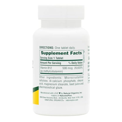 Nature's Plus Vitamin B12 (Methylcobalamin) 500 mcg – 90 Vegetarian Tablets | Red Blood Cell Support, Energy Booster, Gluten-Free