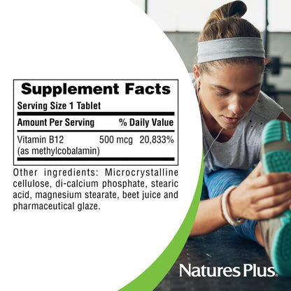 Nature's Plus Vitamin B12 (Methylcobalamin) 500 mcg – 90 Vegetarian Tablets | Red Blood Cell Support, Energy Booster, Gluten-Free