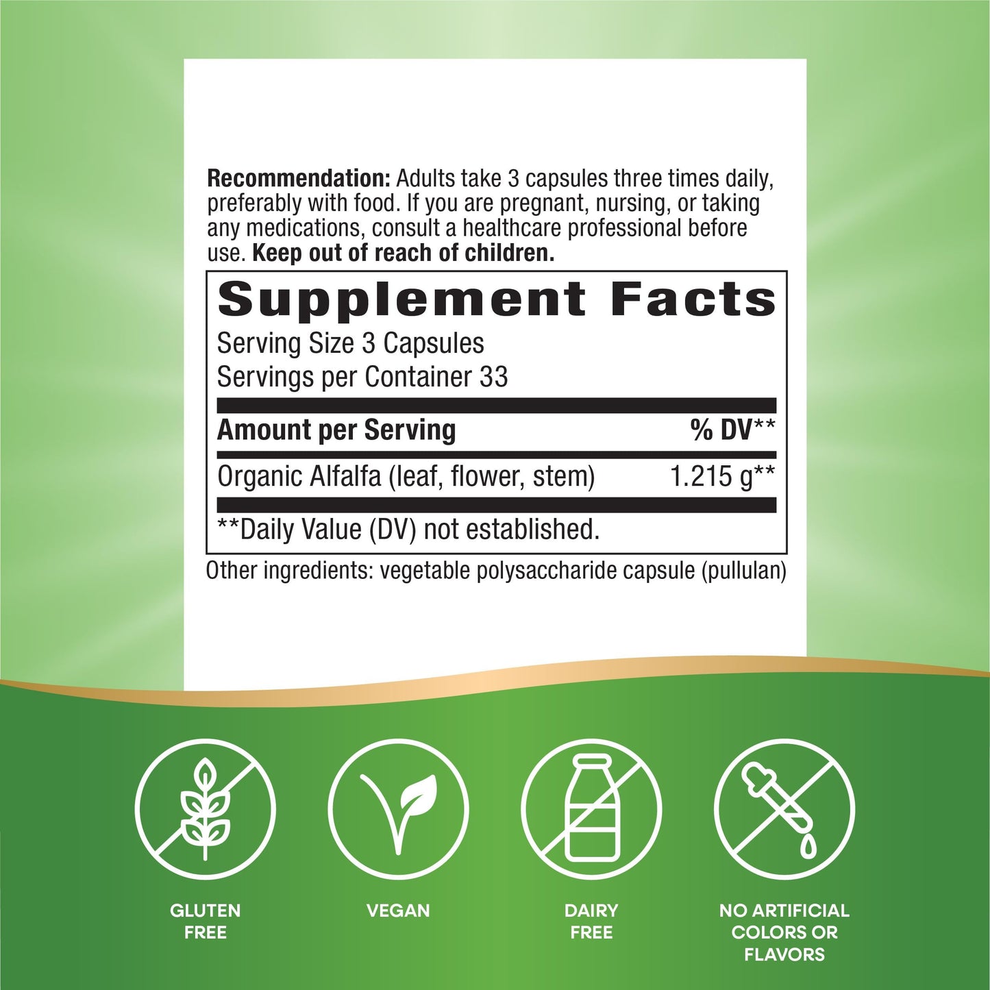 Nature's Way Alfalfa - 1,215 mg per 3-Capsule Serving - Organic Alfalfa - Vegan - Gluten Free - 100 Capsules