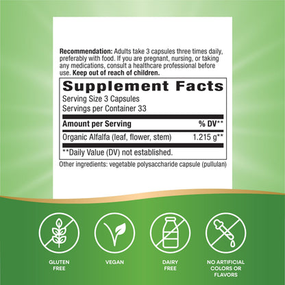 Nature's Way Alfalfa - 1,215 mg per 3-Capsule Serving - Organic Alfalfa - Vegan - Gluten Free - 100 Capsules