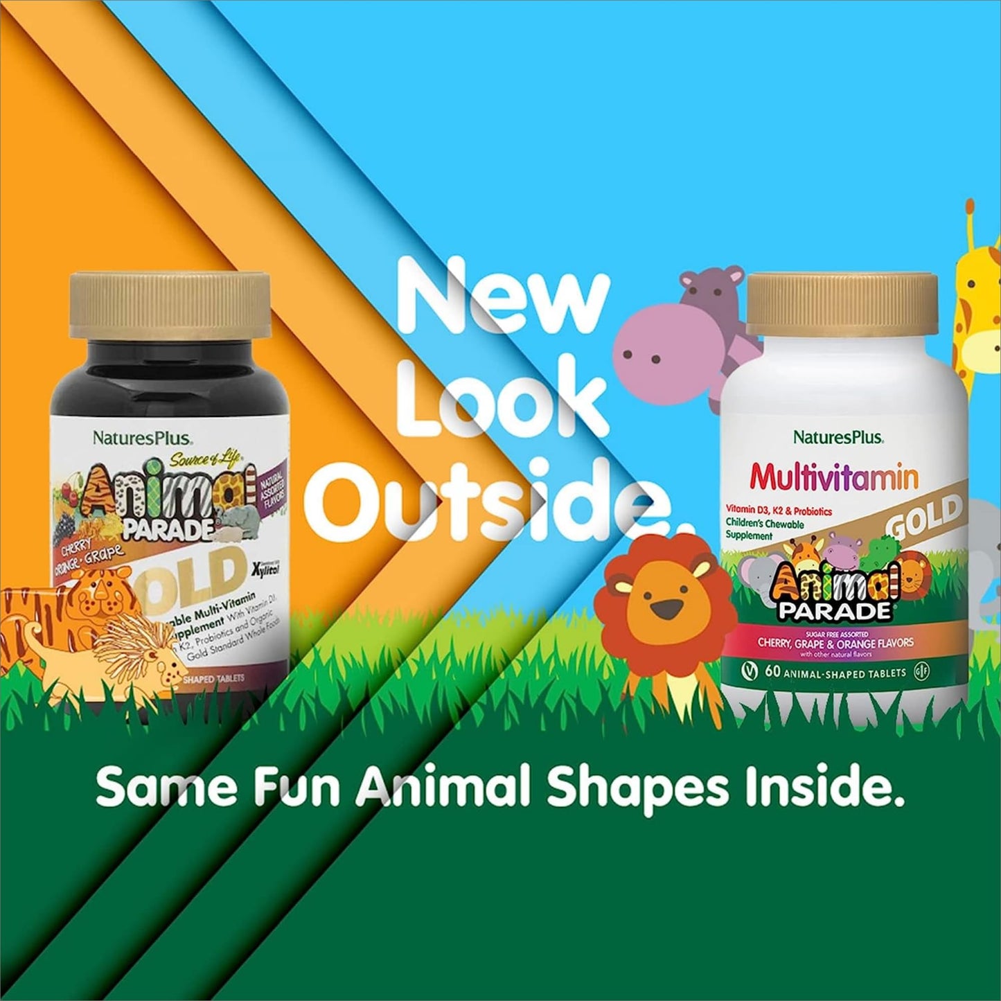 NaturesPlus Animal Parade Gold Children's Multivitamin – 60 Cherry/Orange/Grape Chewables, 2-Pack (Gluten Free, Vegetarian)