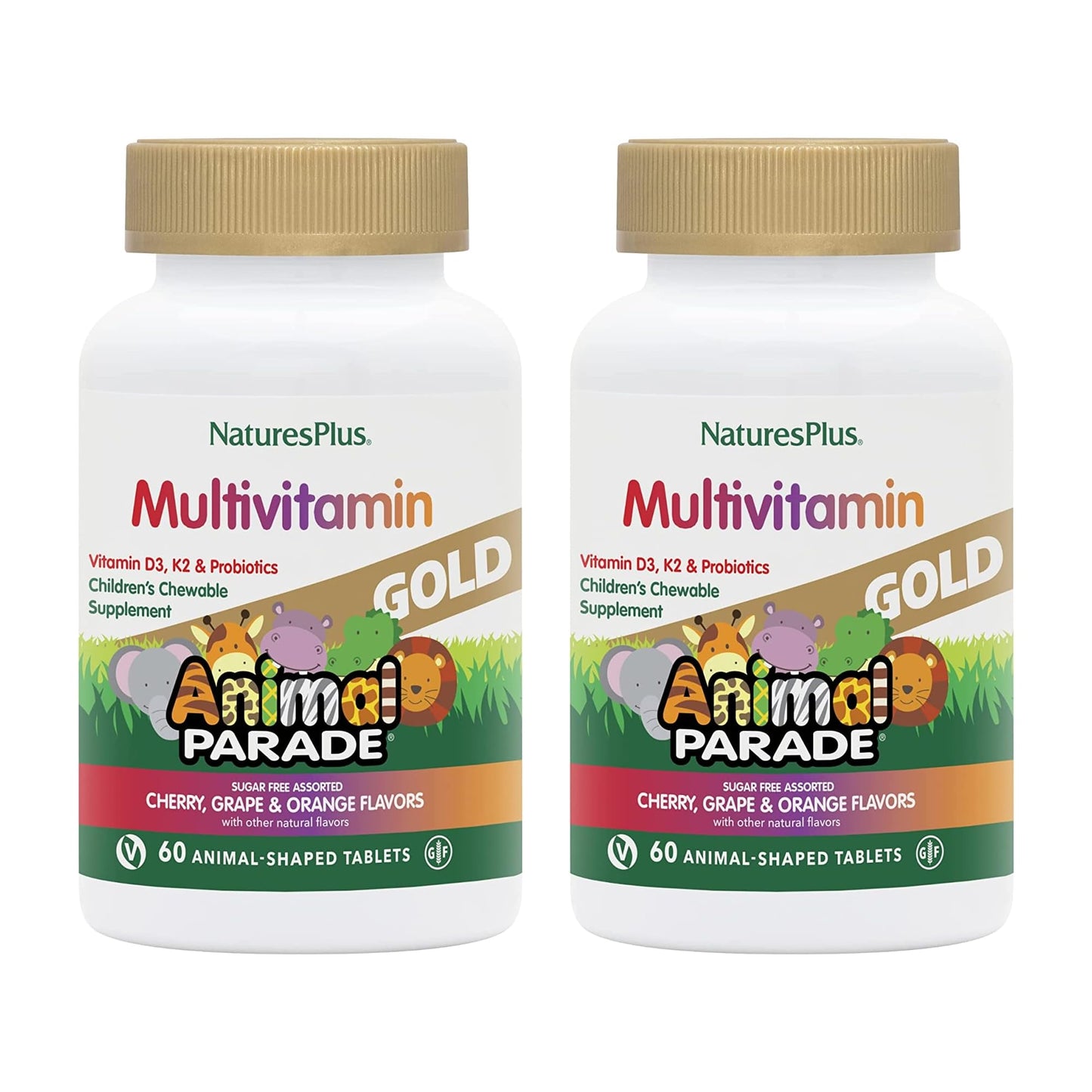 NaturesPlus Animal Parade Gold Children's Multivitamin – 60 Cherry/Orange/Grape Chewables, 2-Pack (Gluten Free, Vegetarian)