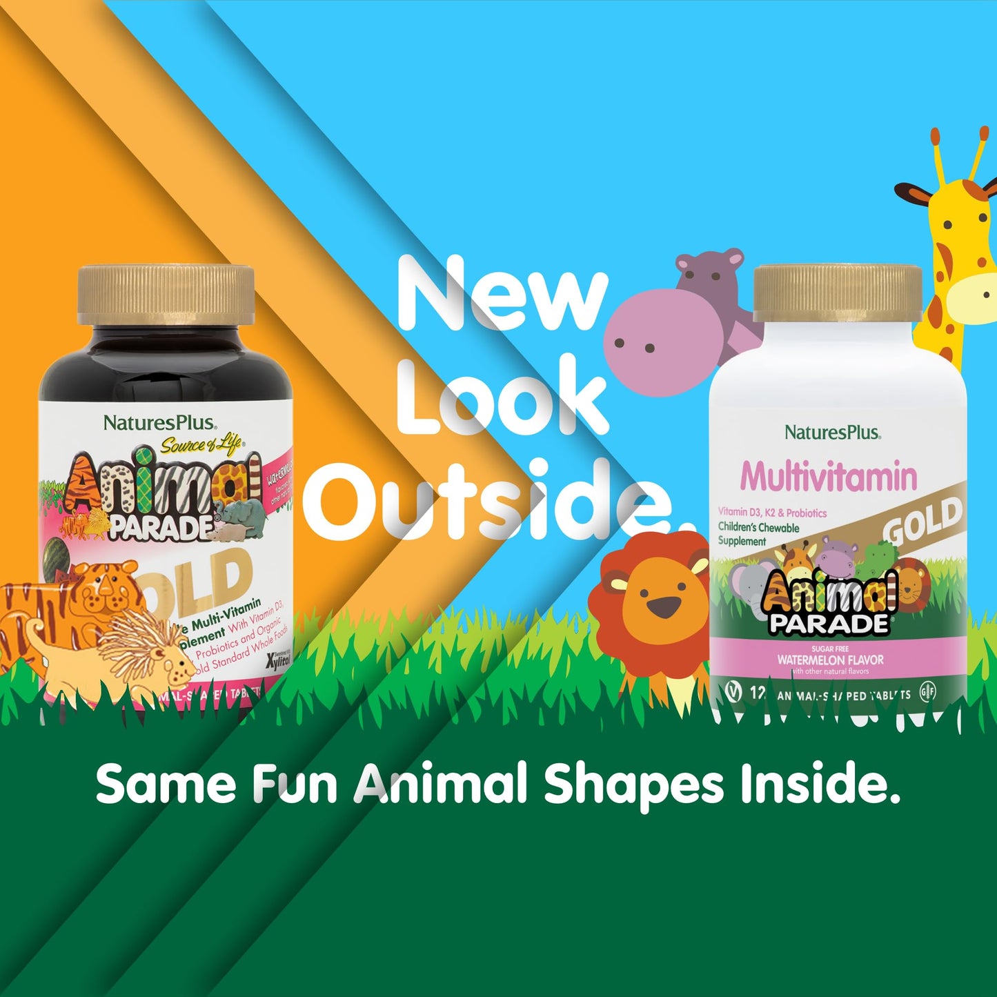 NaturesPlus Animal Parade Gold Kids Multivitamin — Watermelon Chewables, 2-Pack, D3, K2, Probiotics, Vegan & Gluten Free