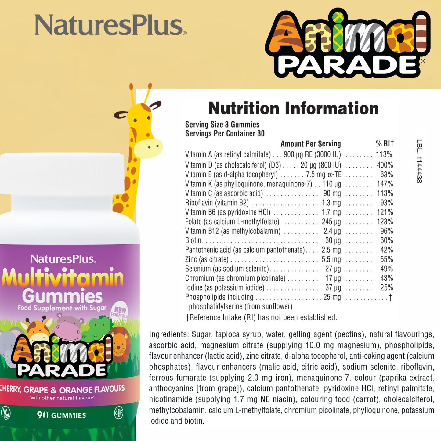NaturesPlus Animal Parade Multivitamin Gummies - 90 Count, 30 Servings | Cherry, Grape & Orange