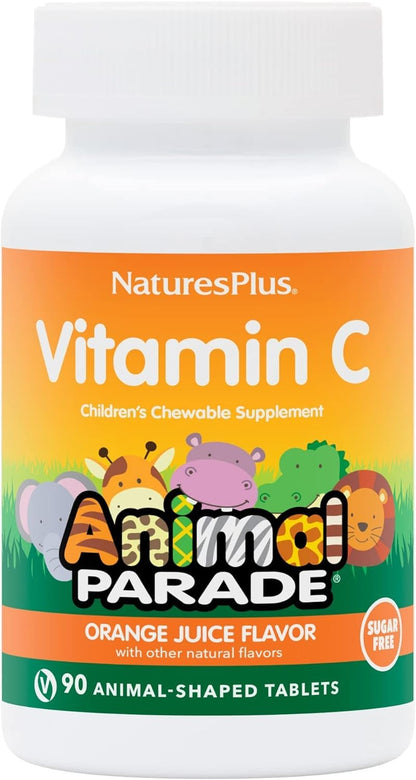 NaturesPlus Animal Parade Sugar-Free Vitamin C — 90 Chewables, Natural Orange Flavor, Immune Support, Gluten Free