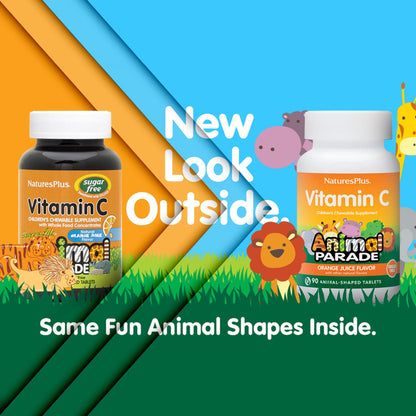 NaturesPlus Animal Parade Sugar-Free Vitamin C for Kids – 90 Chewables (2-Pack), Orange Flavor