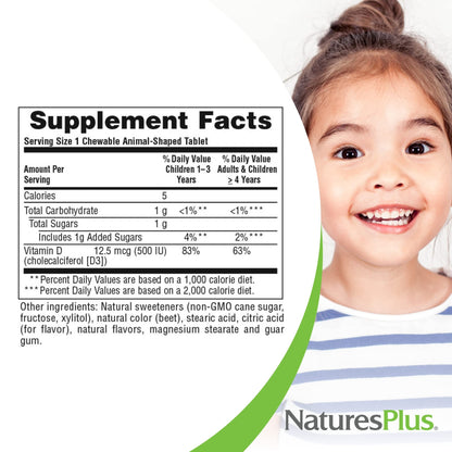 NaturesPlus Animal Parade Vitamin D3 Kids Chewables | Black Cherry Flavor, 90 Tablets – Gluten Free, Vegetarian
