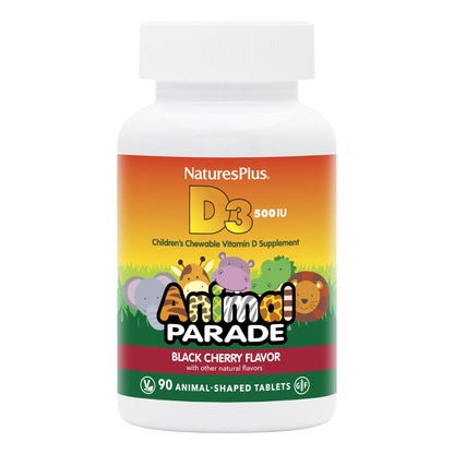 NaturesPlus Animal Parade Vitamin D3 for Kids – 500 IU, Gluten Free, Vegetarian, Black Cherry Flavor – 180 Servings (2 x 90)