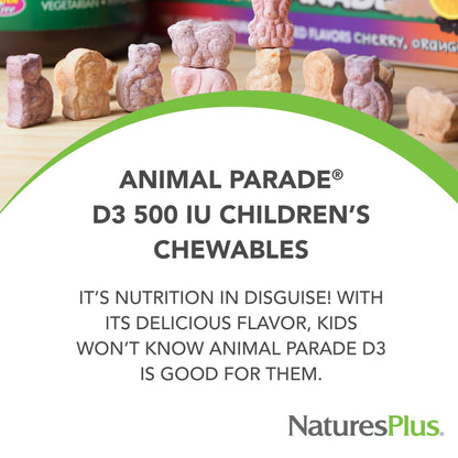 NaturesPlus Animal Parade Vitamin D3 for Kids – 500 IU, Gluten Free, Vegetarian, Black Cherry Flavor – 180 Servings (2 x 90)