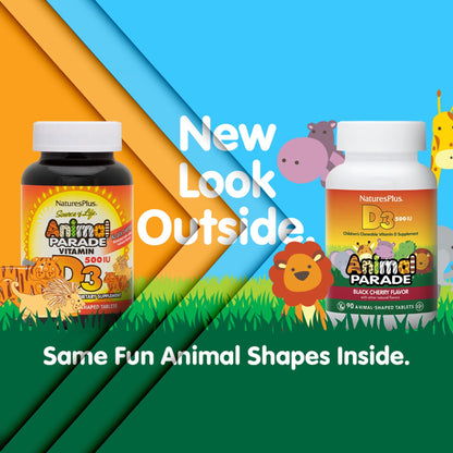 NaturesPlus Animal Parade Vitamin D3 Kids Chewables | Black Cherry Flavor, 90 Tablets – Gluten Free, Vegetarian