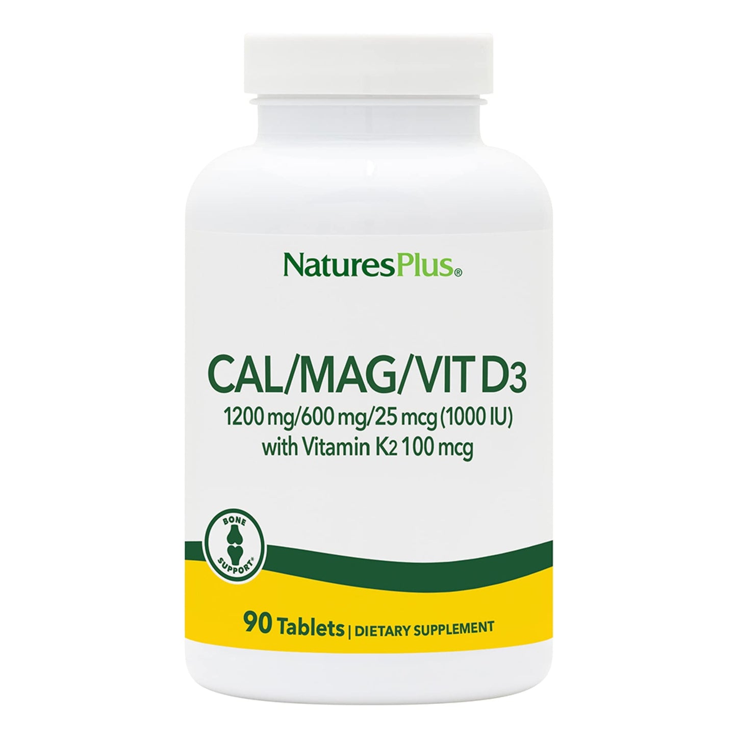 NaturesPlus Calcium Magnesium Vitamin D3 with Vitamin K2 – Bone & Immune Support (Vegetarian, Gluten Free) – 90 Tablets