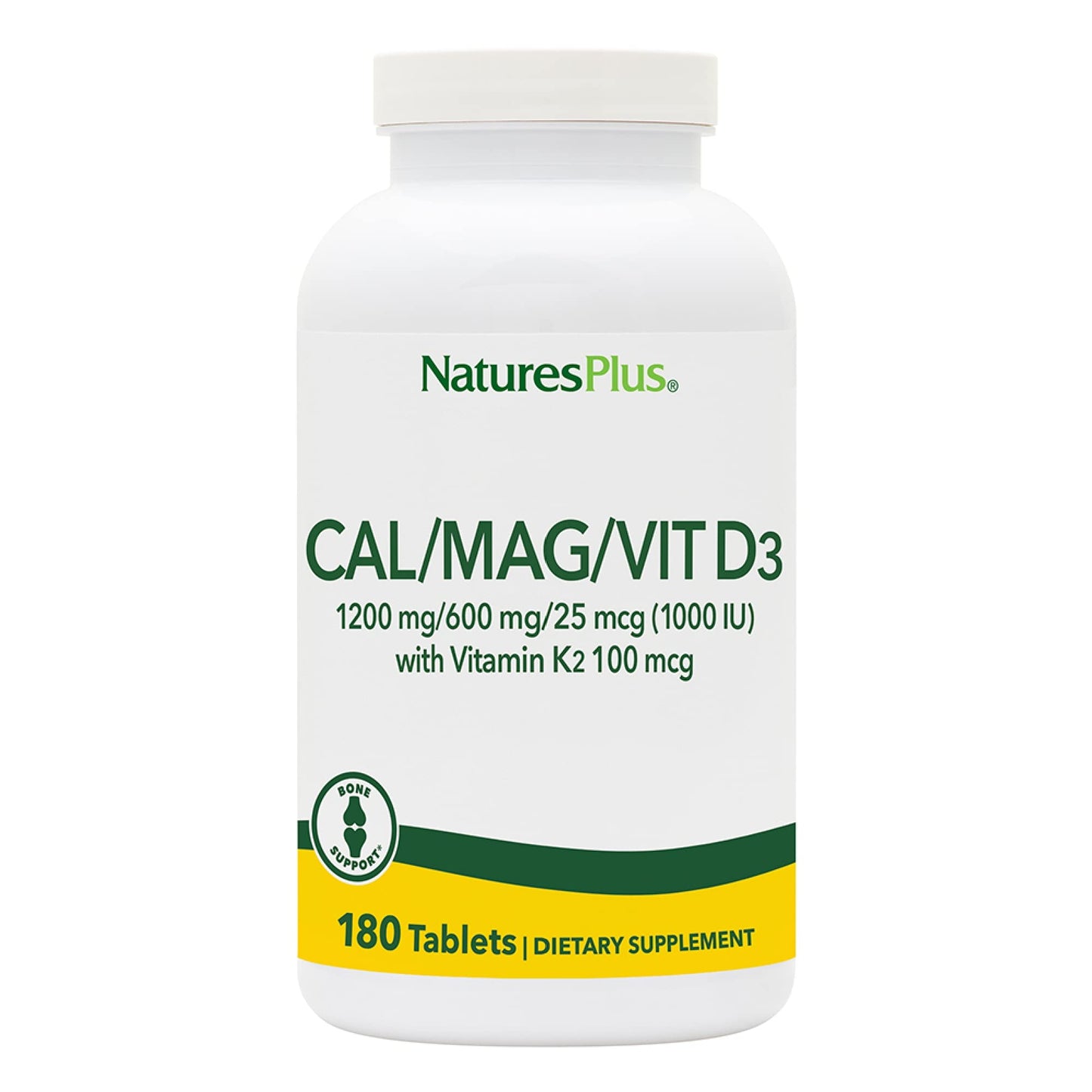 NaturesPlus Calcium Magnesium Vitamin D3 with Vitamin K2 – Bone & Immune Health | 180 Tablets (45 Servings) | Vegetarian & Gluten Free