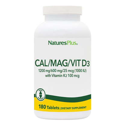 NaturesPlus Calcium Magnesium Vitamin D3 with Vitamin K2 – Bone & Immune Health | 180 Tablets (45 Servings) | Vegetarian & Gluten Free