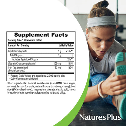 Nature's Plus Chewable Iron 27 mg - 90 Tablets | High Potency Iron with Vitamin C & Herbs