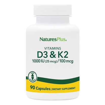 NaturesPlus D3 1000 IU & K2 100 mcg – Vegetarian, Gluten Free – 90 Capsules