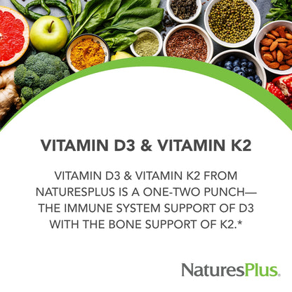 NaturesPlus D3 1000 IU & K2 100 mcg – Vegetarian, Gluten Free – 90 Capsules