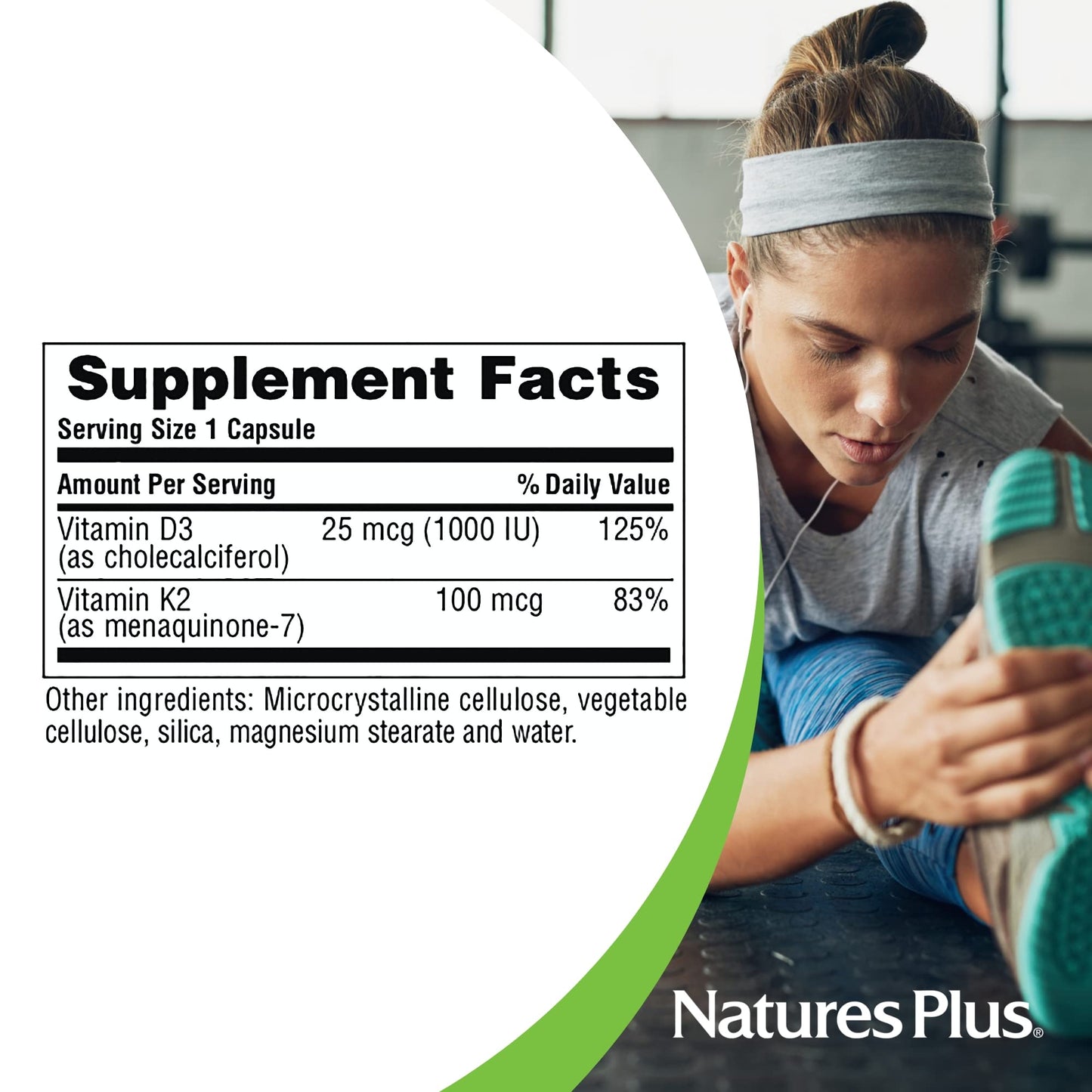 NaturesPlus D3 1000 IU & K2 100 mcg – Vegetarian, Gluten Free – 90 Capsules