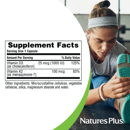 NaturesPlus D3 1000 IU & K2 100 mcg – Vegetarian, Gluten Free – 90 Capsules