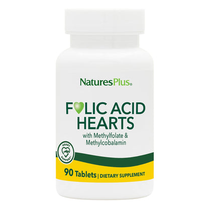 NaturesPlus Folic Acid Hearts (Methylfolate) - 400 mcg, 90 Vegetarian Tablets | B6 & B12 (Methylcobalamin) | Gluten-Free | 90 Servings