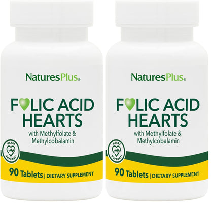 NaturesPlus Folic Acid Hearts (Methylfolate) - 400 mcg, 90 Veg Tablets + B6 & B12 - Gluten Free - Pack of 2