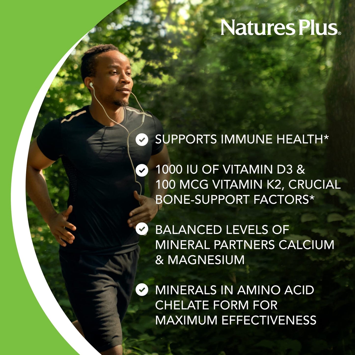 NaturesPlus Calcium Magnesium Vitamin D3 with Vitamin K2 – Bone & Immune Health | 180 Tablets (45 Servings) | Vegetarian & Gluten Free