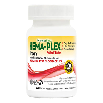 NaturesPlus Hema-Plex Iron – 60 Slow-Release Mini-Tabs (85 mg Chelated Iron) – Vegan & Gluten Free | 30 Servings