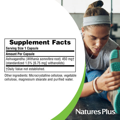NaturesPlus Herbal Actives Ashwagandha 450 mg – 60 Vegetarian Capsules | Prescription Quality, Gluten Free