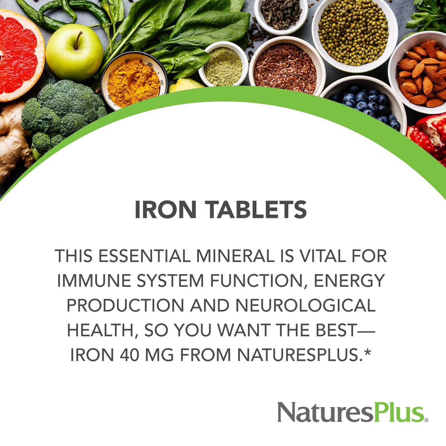 NaturesPlus Iron - 40 mg, 90 Tablets, Vegetarian & Gluten Free | 45 Servings