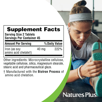 NaturesPlus Iron - 40 mg, 90 Tablets, Vegetarian & Gluten Free | 45 Servings