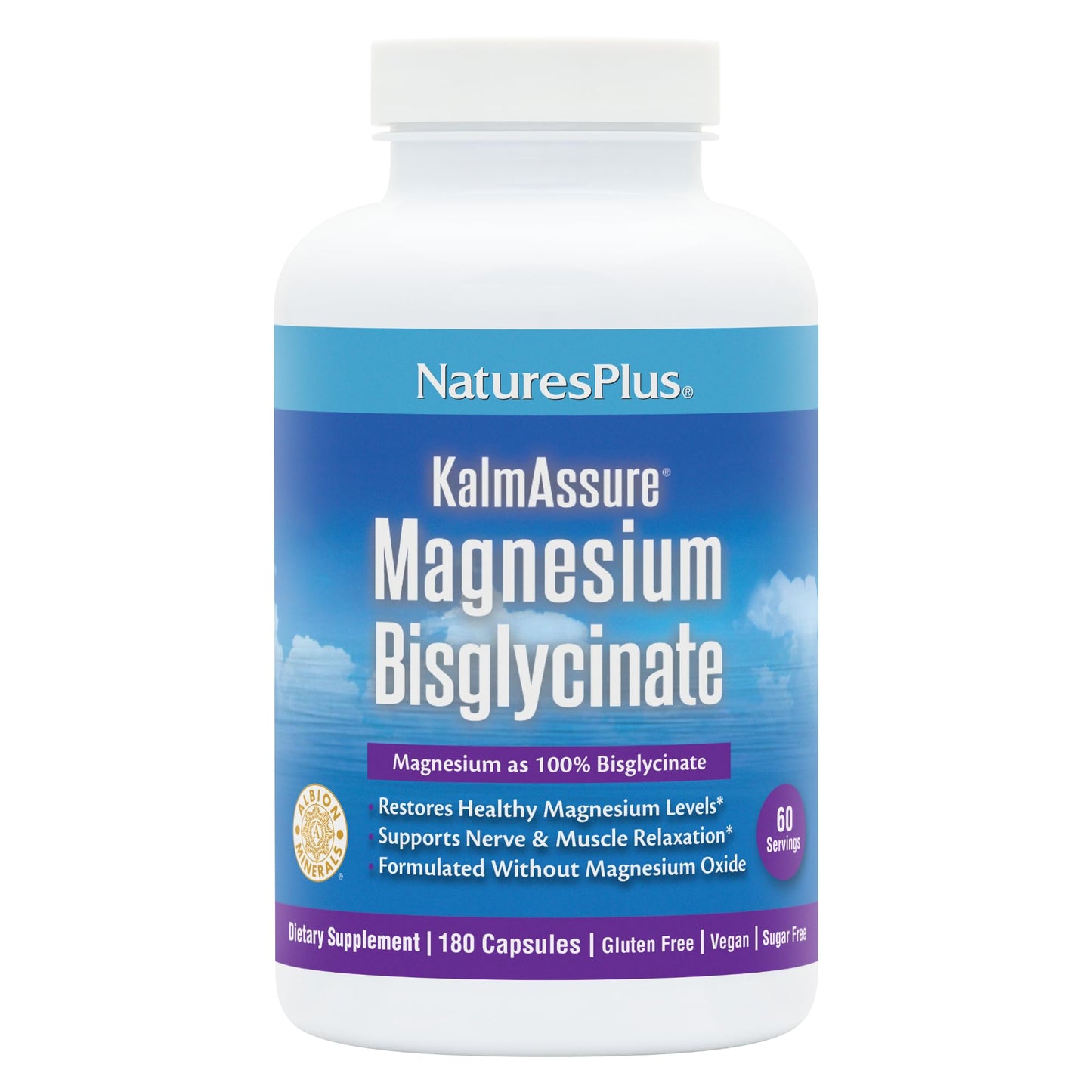 NaturesPlus KalmAssure Magnesium Bisglycinate – 180 Capsules (60 Servings) – Supports Nerve & Muscle Relaxation