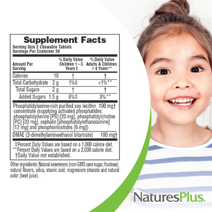 NaturesPlus Pedi-Active LECI-PS DMAE Complex – 60 Chewable Tablets (Mixed Berry) for Kids | Brain Health & Focus