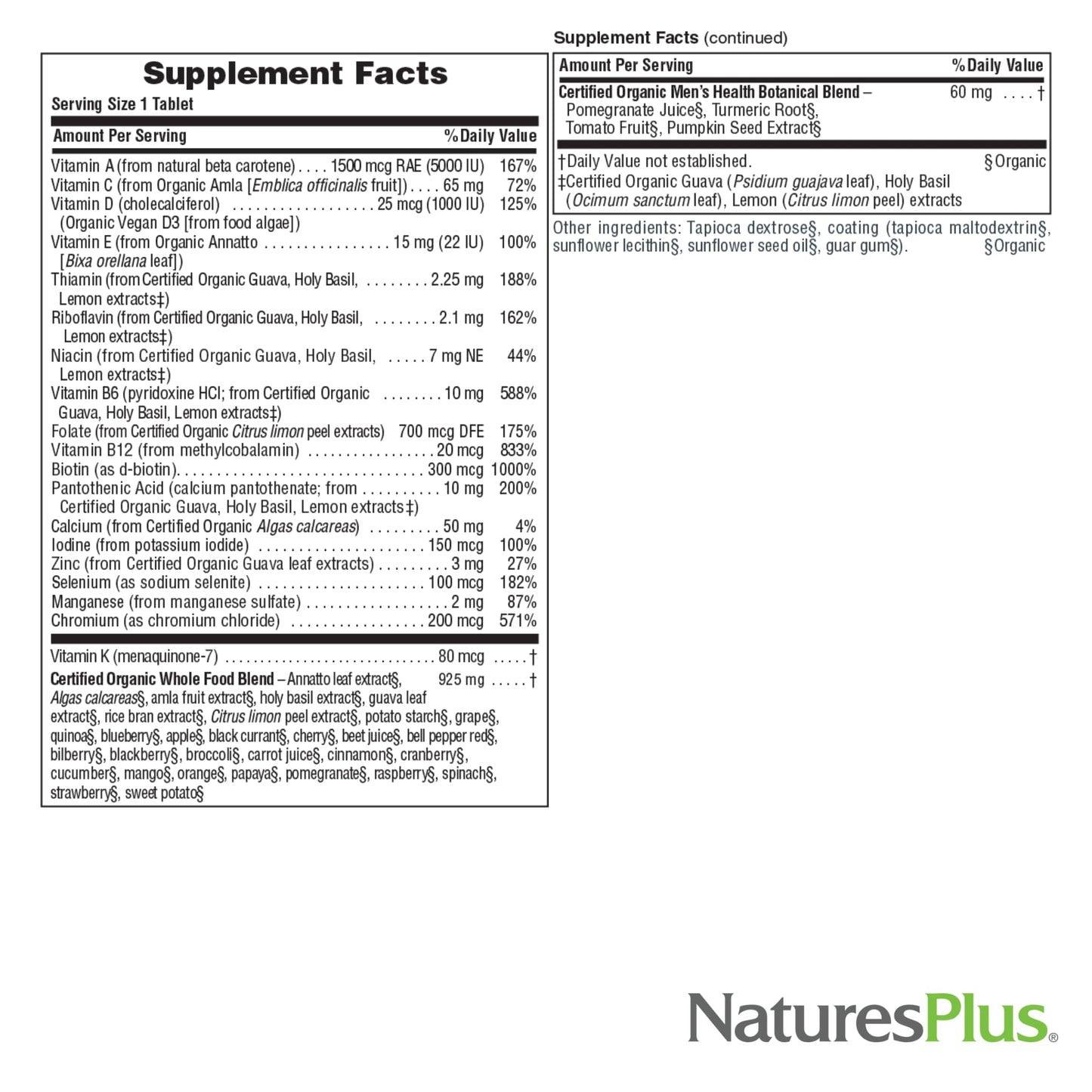 NaturesPlus Source of Life Garden Certified Organic Men's Once Daily Multivitamin – 30 Vegan Tablets (30 Servings)