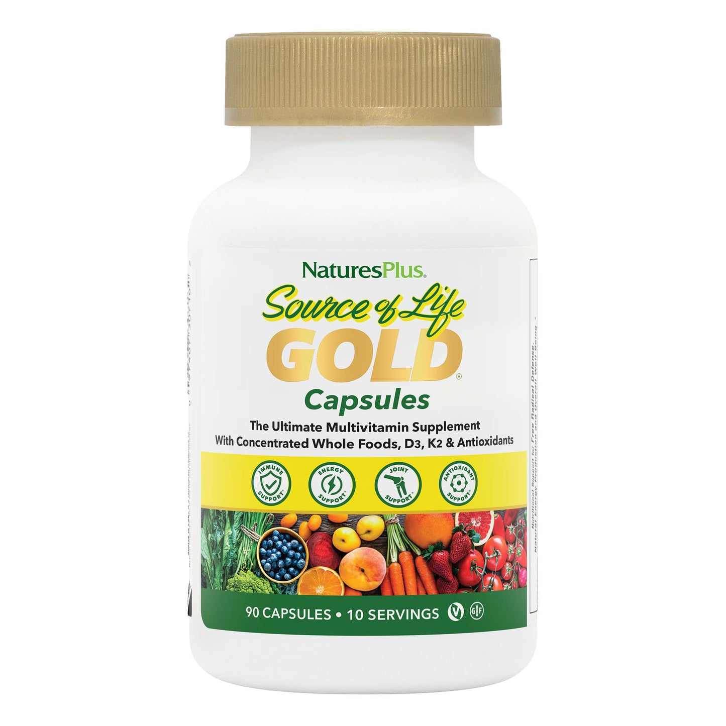 NaturesPlus Source of Life Gold Multivitamin - 90 Veg Capsules | D3, B12, K2 & 120+ Whole Foods