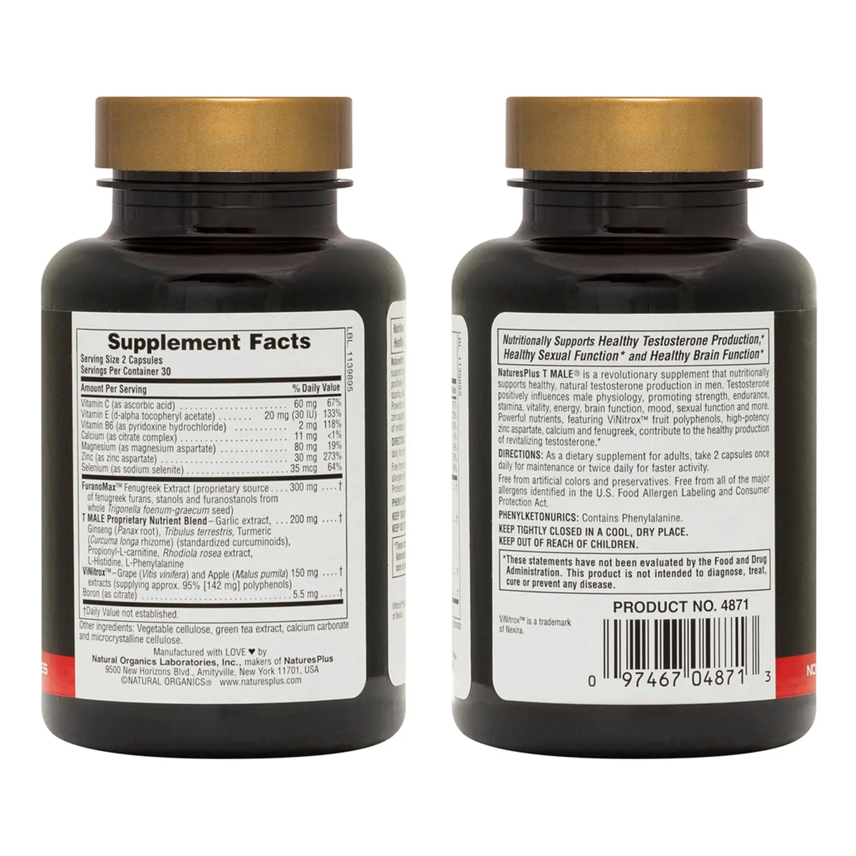 NaturesPlus T-Male – Gluten Free 2-Pack (60 Veg Capsules) with Ginseng & Rhodiola BritishVita | Premium UK Vitamins & Wellness Supplements