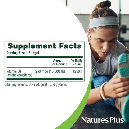 NaturesPlus Vitamin D3 10,000 IU - 60 Softgels | Bone Health & Immune Support | Gluten-Free