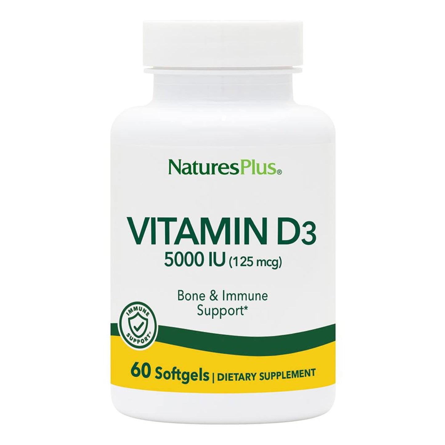 NaturesPlus Vitamin D3 5000 IU (Cholecalciferol) – 60 Softgels | Bone & Immune Support | Gluten-Free