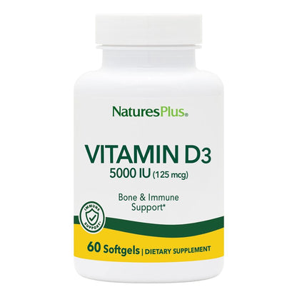 NaturesPlus Vitamin D3 5000 IU (Cholecalciferol) – 60 Softgels | Bone & Immune Support | Gluten-Free