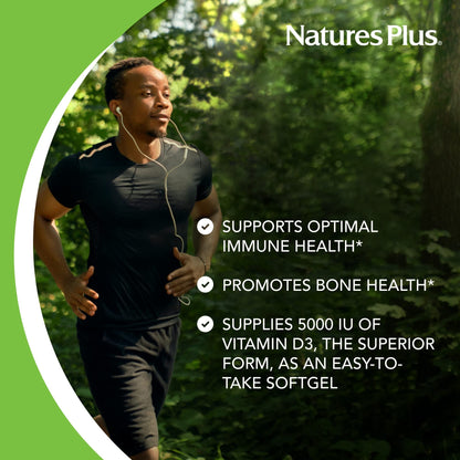 NaturesPlus Vitamin D3 5000 IU (Cholecalciferol) – 60 Softgels | Bone & Immune Support | Gluten-Free