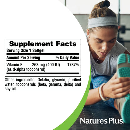 NaturesPlus Vitamin E 400 IU D-Tocopherol – 60 Softgels | Gluten-Free, Vegetarian