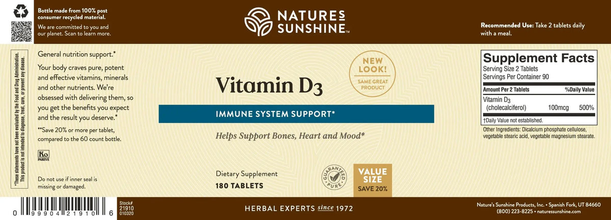 Nature's Sunshine Vitamin D3, 180 Tablets | Supports Bone Health, Overall Wellness, and May Improve Mood BritishVita | Premium UK Vitamins & Wellness Supplements